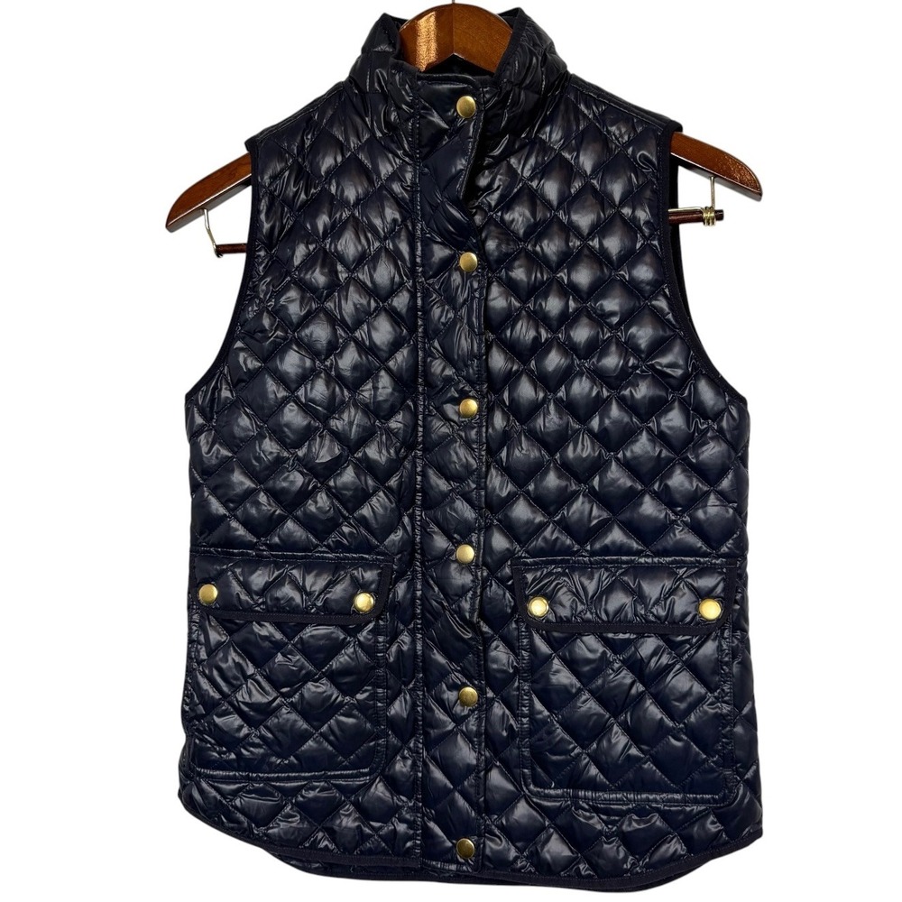 J.Crew Womens Excursion Quilted Puffer Vest Navy Blue Down Fill XS Gold Snaps